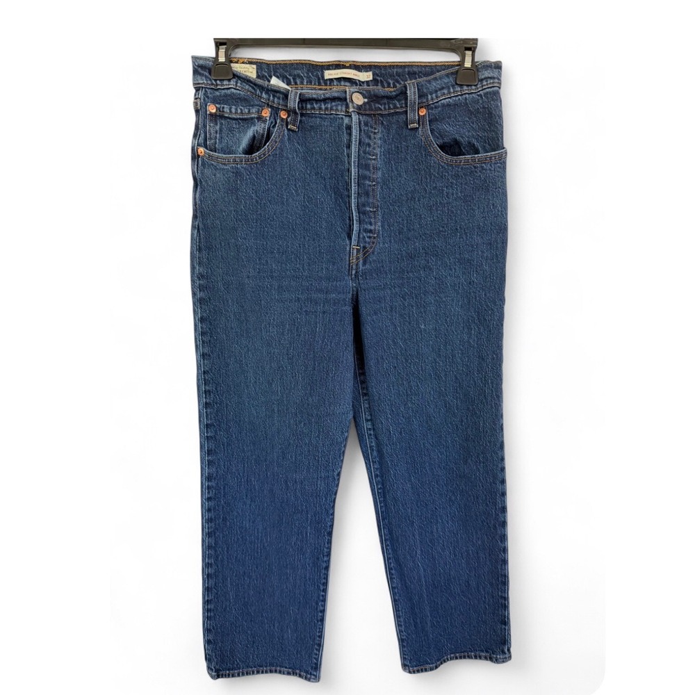 Levis Womens Ribcage Straight Ankle Jeans Dark Wash Blue Size 32 High Rise